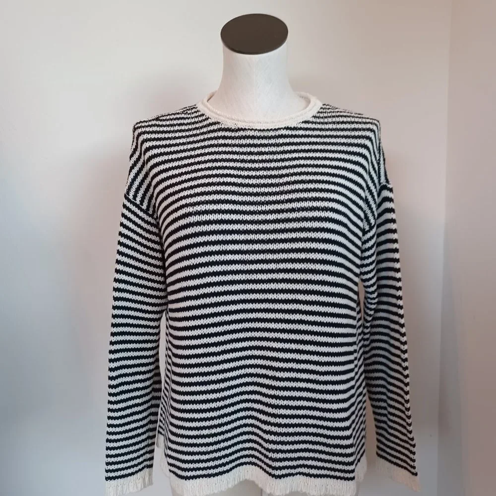 Eileen Fisher Sweater Black White Stripes Size Petite Medium‎